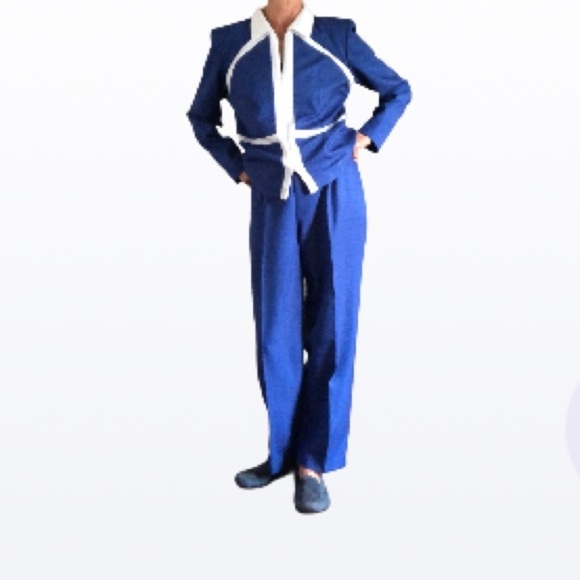 VTG  2 piece Cobalt Blue and white Pantsuit - Picture 2 of 16